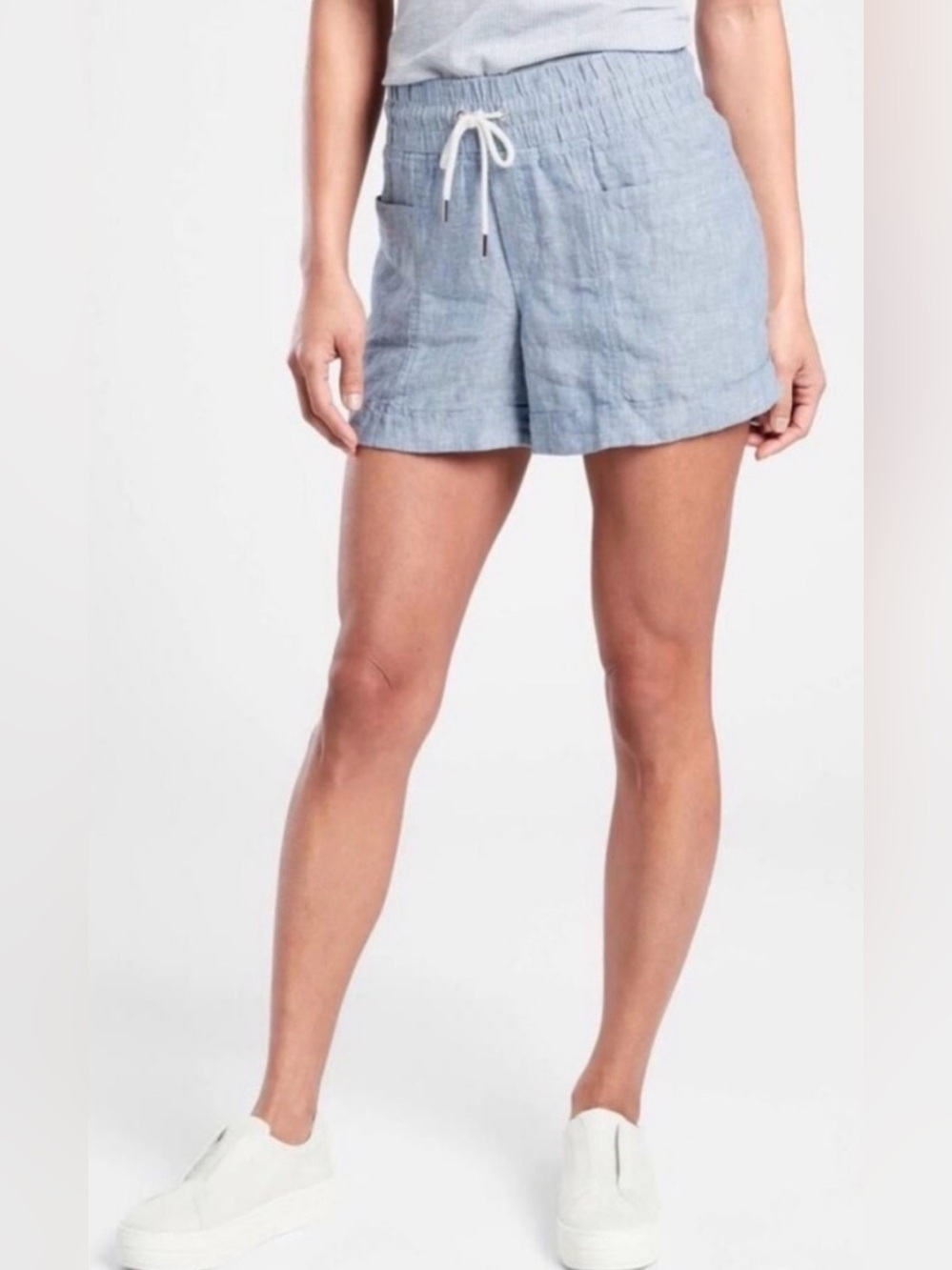 Athleta Cabo Linen Shorts 4” Inseam Light Blue Drawstring SZ. 12
